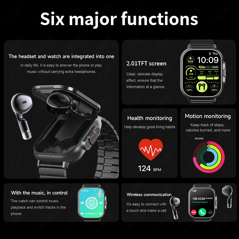 Smartwatch with Integrated Bluetooth Earbuds & Health Monitoring